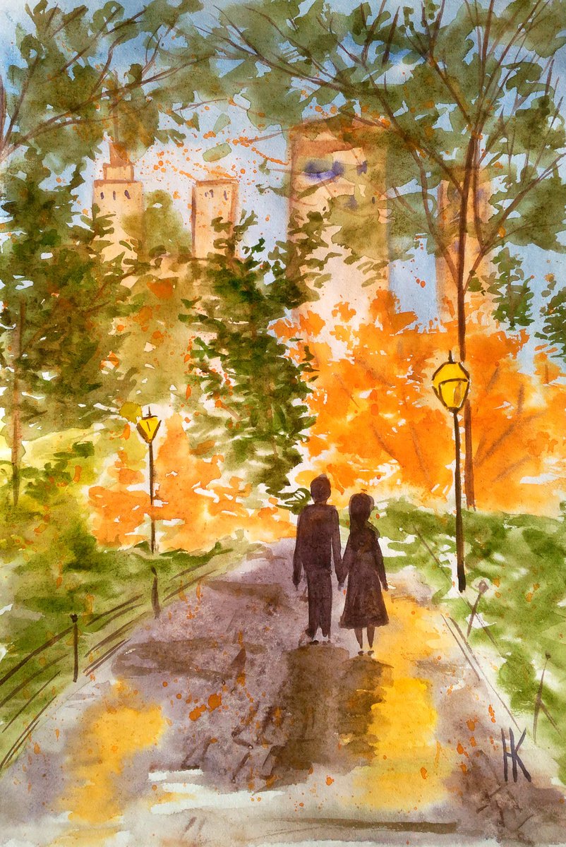 Couple Painting Central Park NYC Original Art Walk in Fall Park Watercolor Stroll Small Ho... by Halyna Kirichenko
