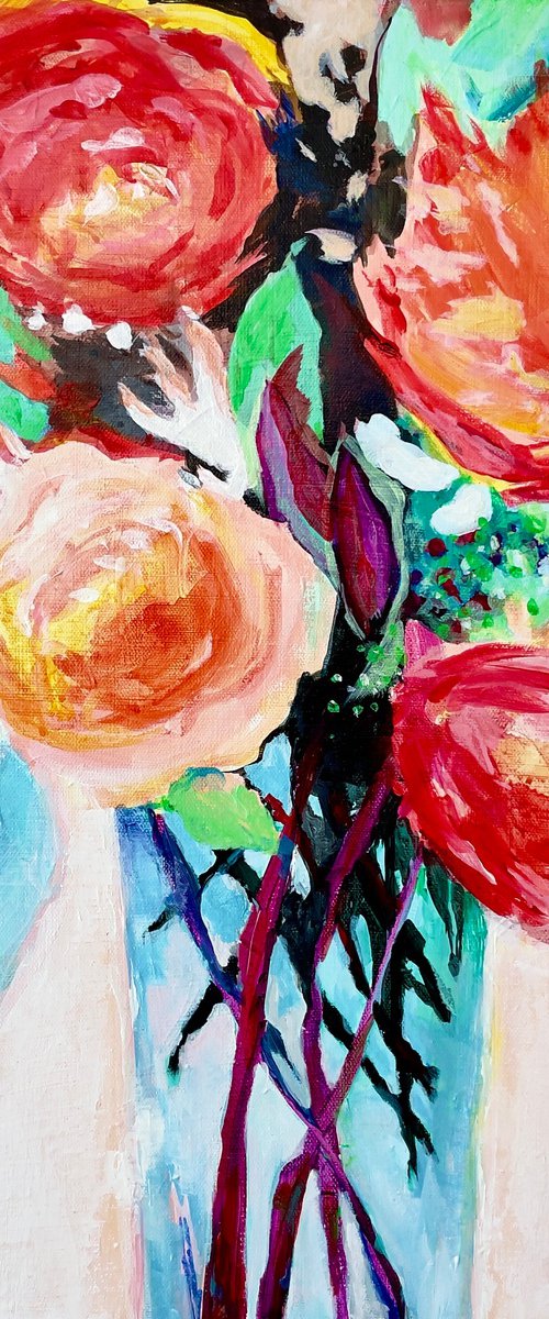 SMELLS LIKE PEONIES SPIRIT - 40 X 50 CM - FLORAL PAINTING ON CANVAS * RED *WHITE *GREEN by Jani Vallentimi
