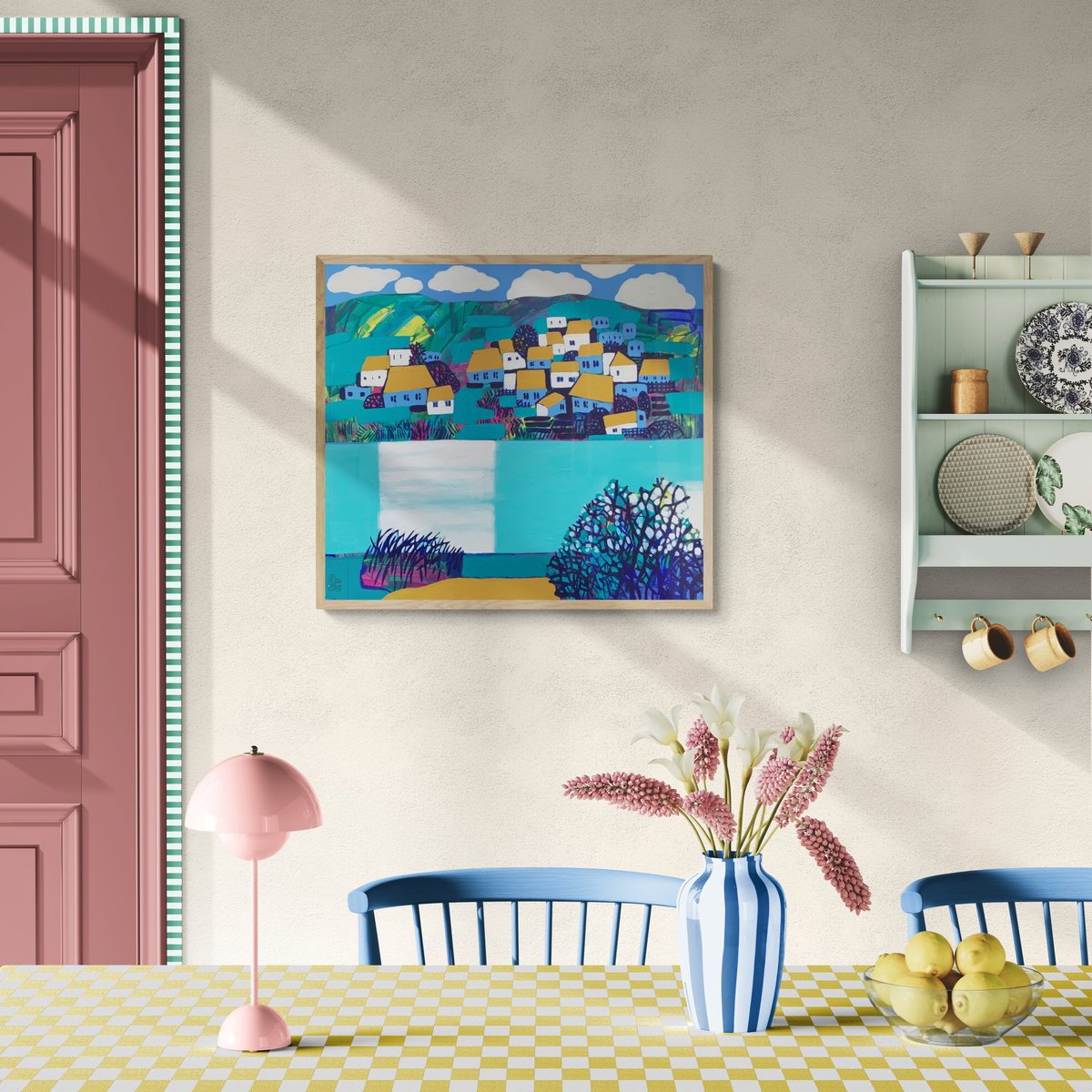 Naive Landscape Acrylic Painting By Elena Tomilova, 33 X 29, River-1, Original Artwork