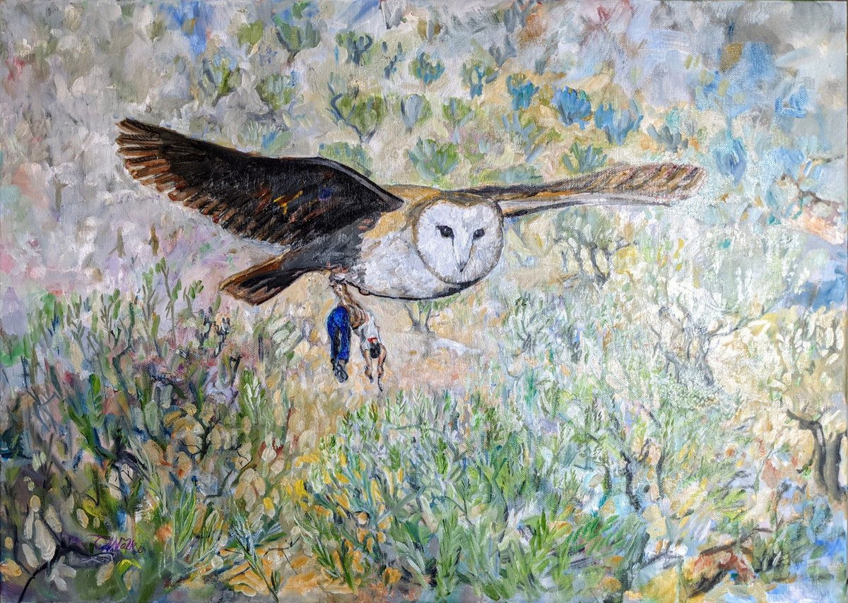 Expressive Animal Oil Painting By Chris Walker, 28 X 20, Protect Barn Owls, And Olive Pruners, Original Artwork