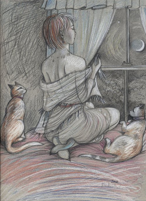 Cat - Feline fantasy - Moon Gazing by Phyllis Mahon