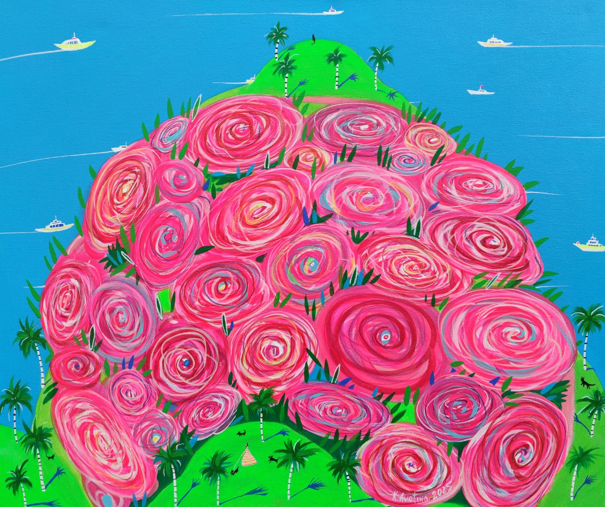 Impressionistic Landscape Acrylic Painting By Katrina Avotina, 24 X 20", Blossom Mountain, Original Artwork