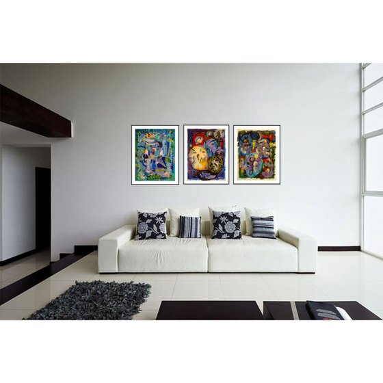 bleu,jaune,mauve / triptych 59,05 x 25,59 in (150x65cm)