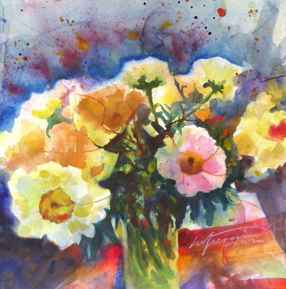 Bunch of Peonies Watercolor Floral Painting