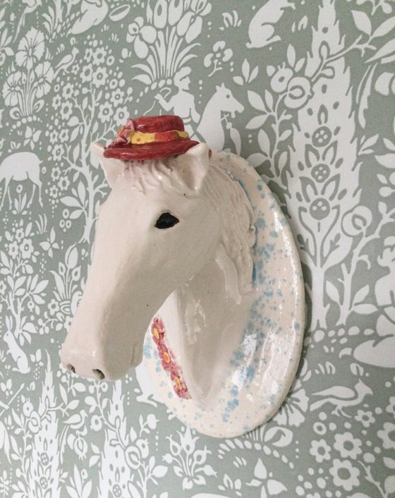 White horse with hat, Miss Daisy