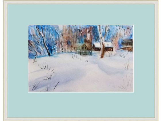 Winter Landscape #1. Original Watercolor Painting on Cold Press Paper 300 g/m /140 lb/m. Landscape Painting. Wall Art. 7.5" x 11". 19 x 27.9 cm. Unframed and unmatted.