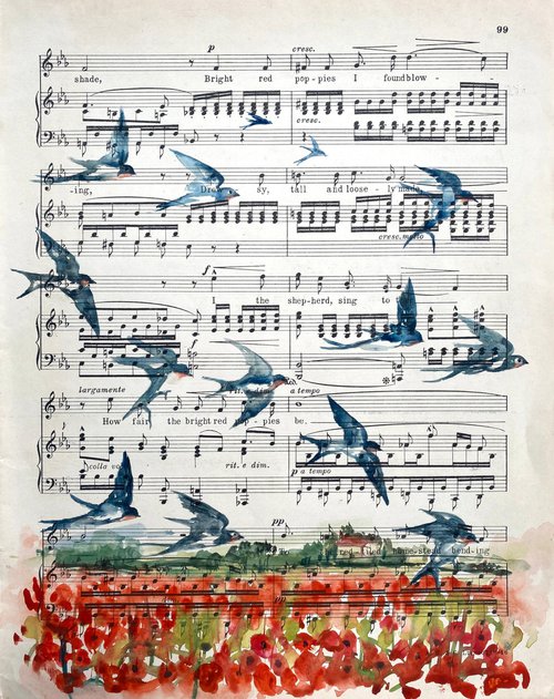 Swallows & poppy field on sheet music by Teresa Tanner