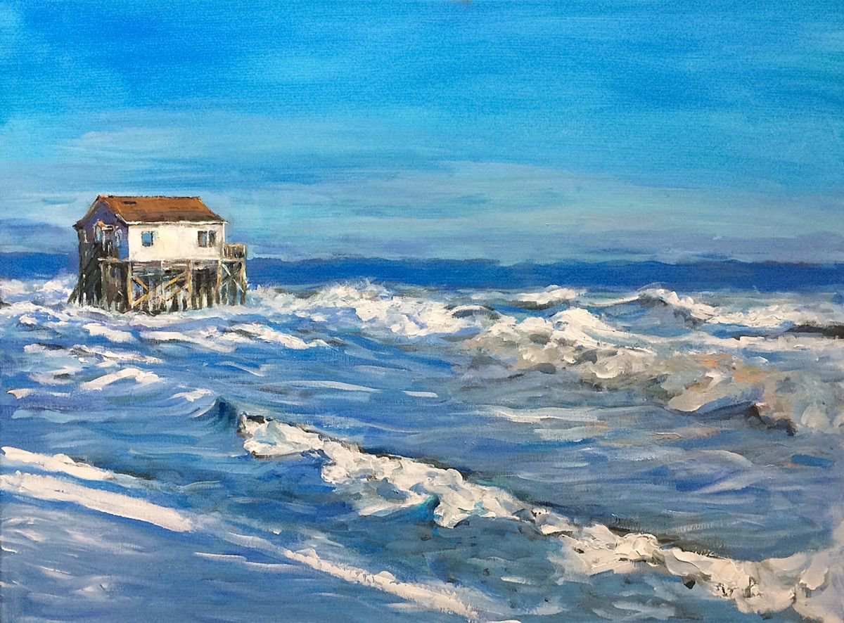 Stilt house in rough surf by Jacqualine Zonneveld