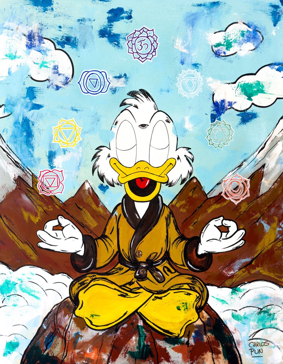 Cartoon Portrait Acrylic Painting By Carlos Pun Art, 28 X 35, Scrooge Mcduck Seeking Inner Peace , Inner Wealth - Meditation Series, Artfinder