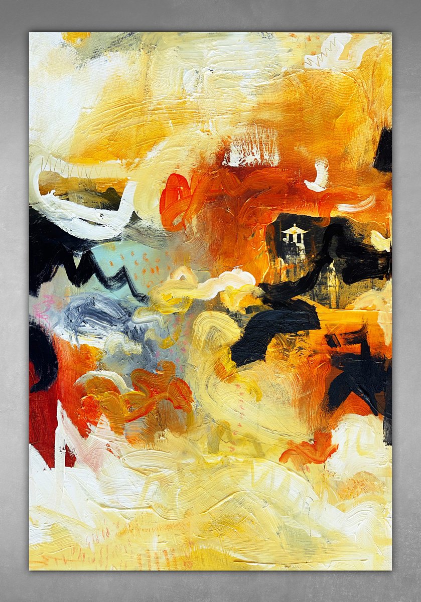 Abstract Acrylic Painting By Andrada Anghel, 24 X 36, Temple In The Ember Sky, Original Artwork