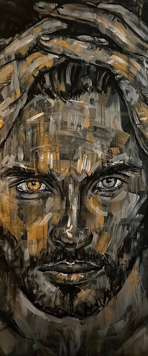 Large male portrait handsome bearded man painting by Emmanouil Nanouris