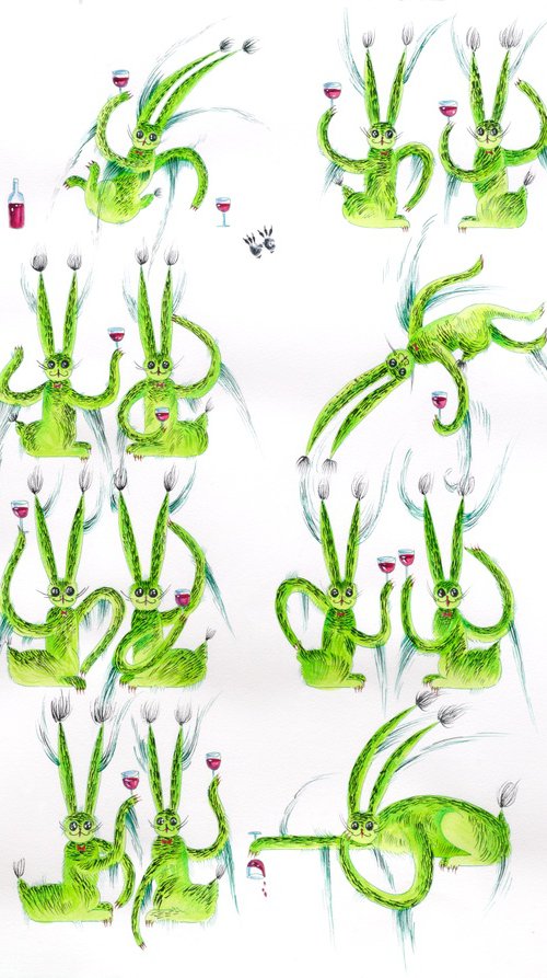 Green Funny Bunnies with Wine by Anna Onikiienko