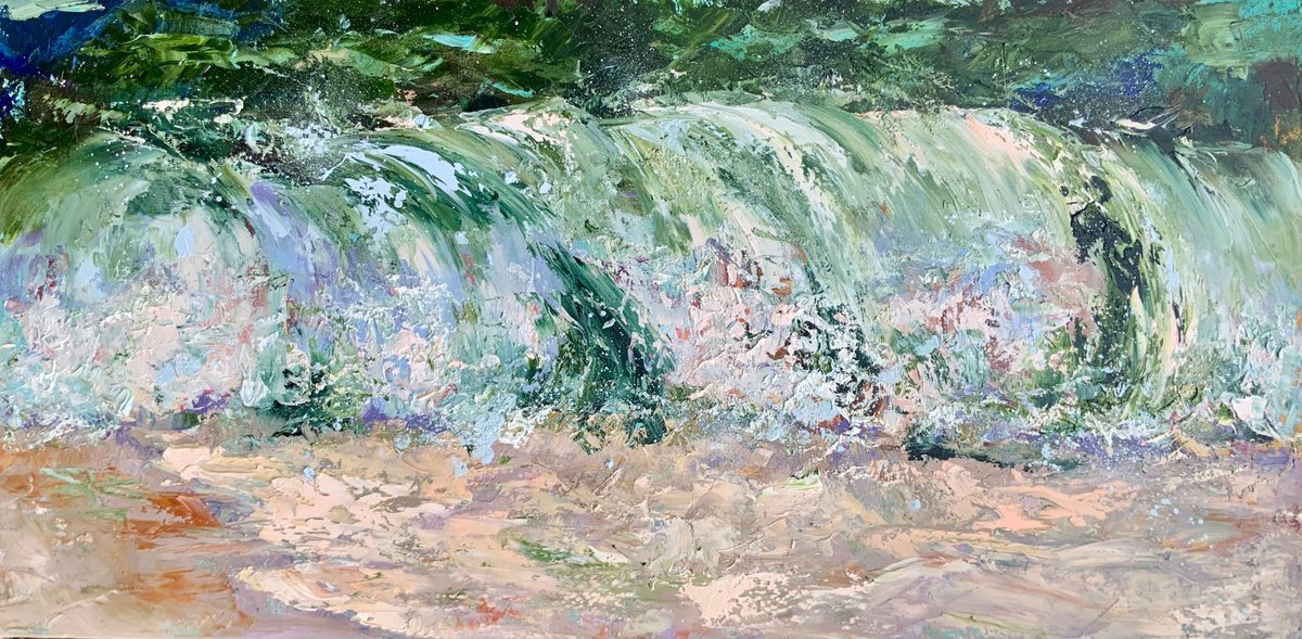 Impressionistic Landscape Oil Painting By Alexandra Jagoda (Ovcharenko), 39 X 20, Crashing Wave, Original Artwork