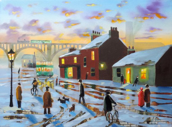 Winter street scene oil painting