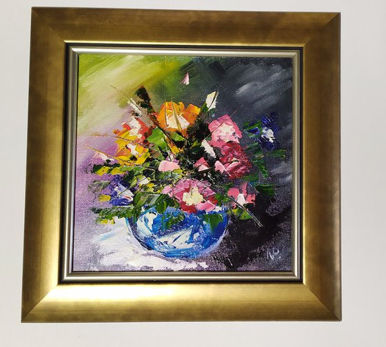 Abstract flowers, original small framed oil painting, gift idea, palette knife painting