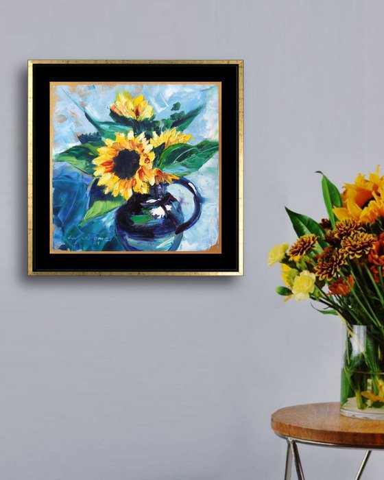 ‘SUN-FLOWERS IN A VASE' - Medium Oil Painting on Panel