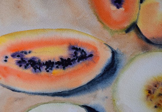 Fruits still life wet watercolor painting Papaya, melon and grapefruits, Kitchen wall art
