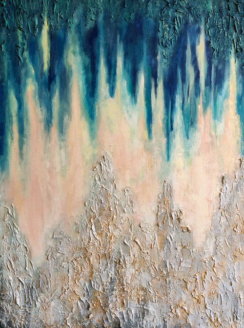 Northern Lights, Abstract Original Painting Blue Gold White 45x60 cm ready to hang by Yulia Berseneva