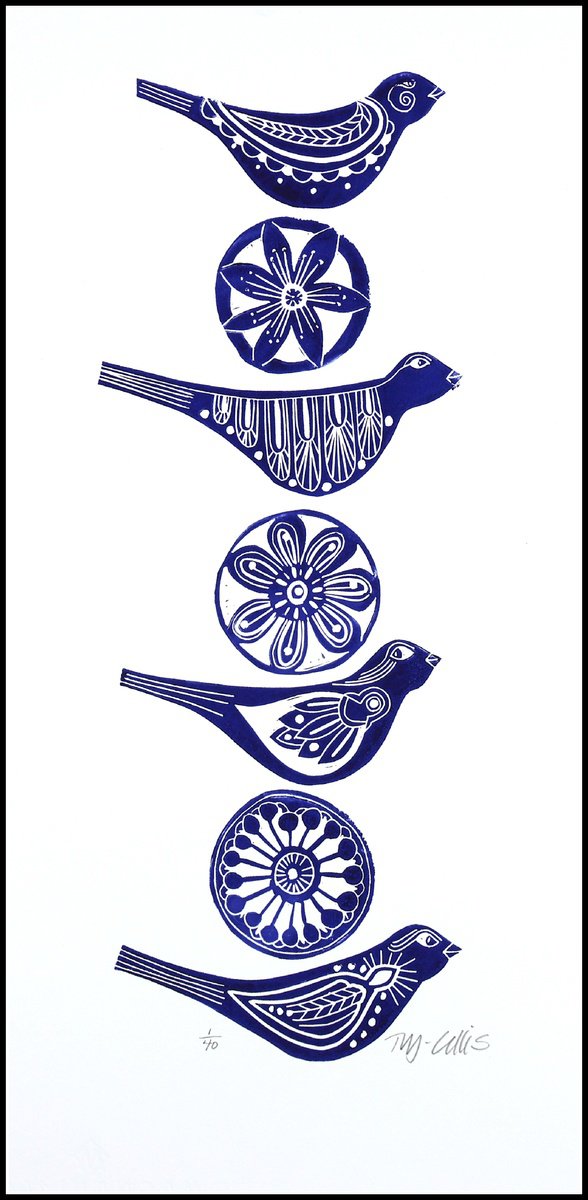 Illustrative Animal Linocut By Mariann Johansen-Ellis, 10 X 20", Blue Birds, Original Artwork