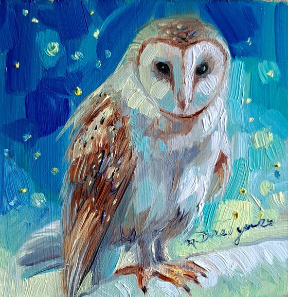 Owl bird painting original in frame 4x4 inch, Bird wall art bird celestial gift