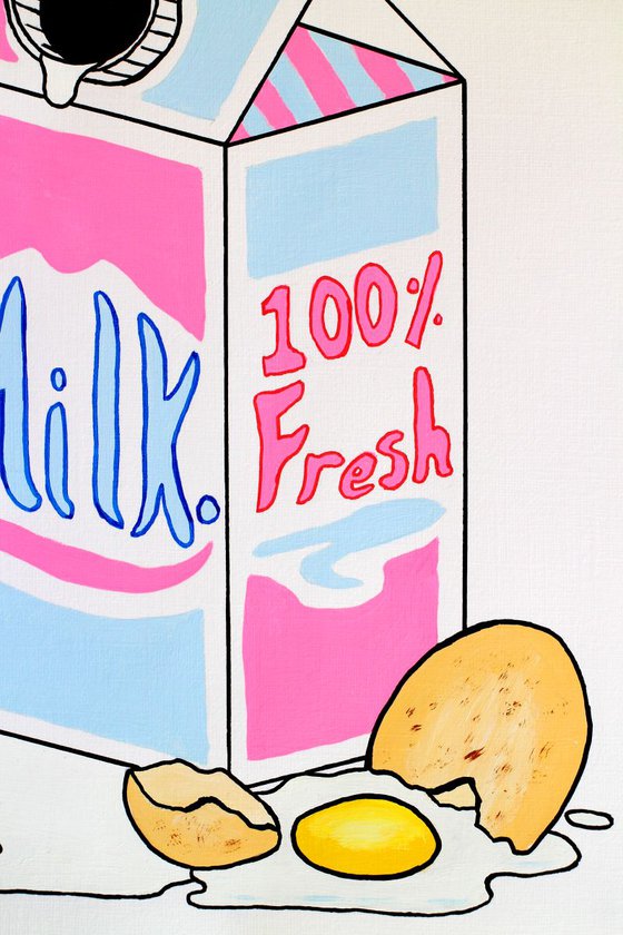 Retro Milk Carton and Broken Egg Pop Art Painting On Unframed A4 Paper