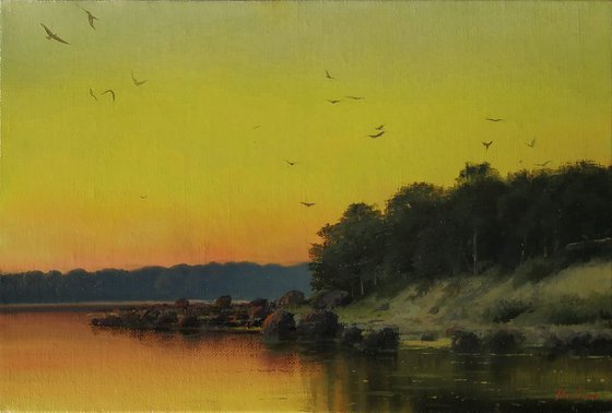 In the evening after fishing, 20x30cm, oil on canvas, 2018 original painting