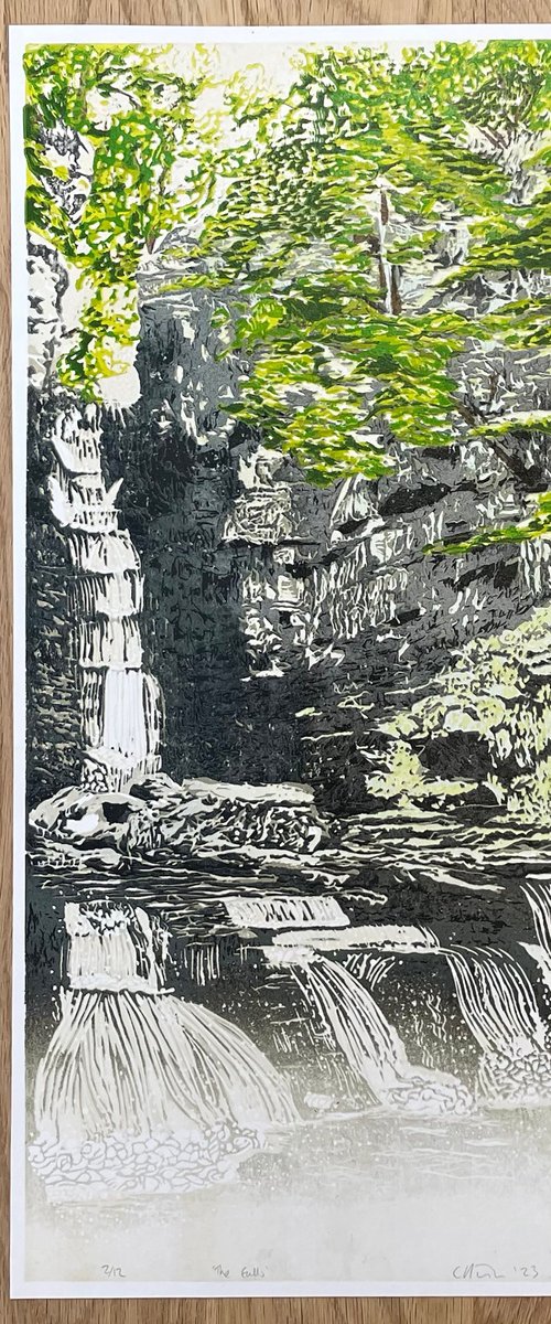 The Falls Waterfall Linocut by C Staunton