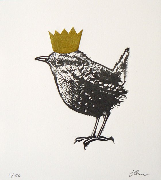 King - wren linoprint - Framed ready to hang