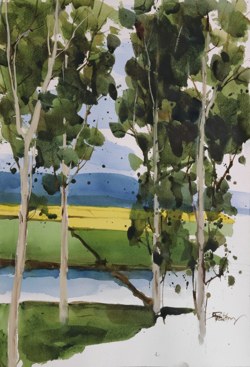 Impressionistic Landscape Watercolour By Prashant Prabhu, 14 X 20", Yellow Green Composition 2, Original Artwork