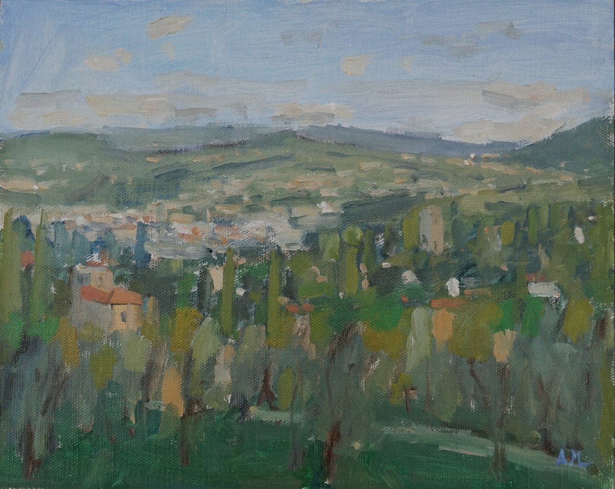 Impressionistic Landscape Oil Painting By Alex James Long, 12 X 9, View Of The Tuscan Countryside, Original Artwork