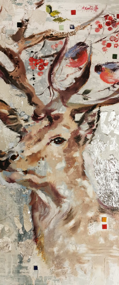 Original Deer Art, Silver Leaf Painting by Annet Loginova