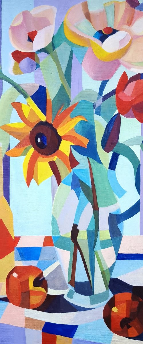 Colorful Floral Still Life with Sunflower by Elena Gotovtseva
