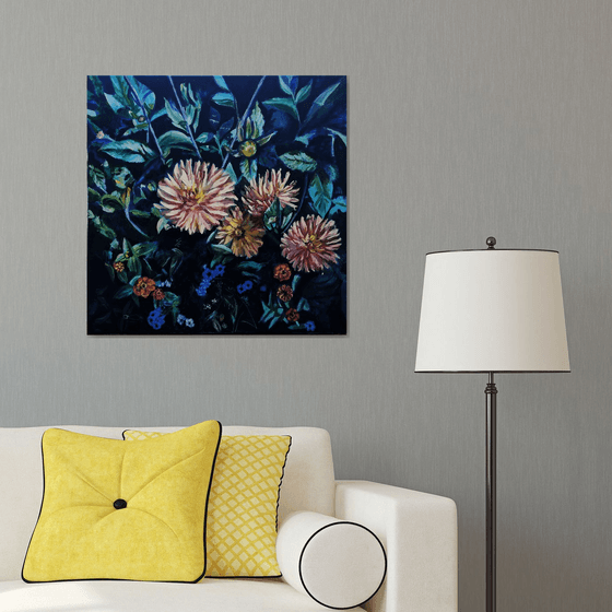 Dahlias original flower oil painting Dahlia flowers botanical impressionism painting Garden Art Home decor Loft Gift idea Love present cream yellow green