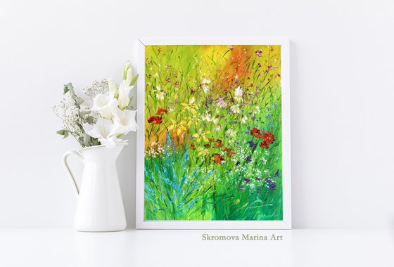 MOTLEY GRASS - Bright flowers. Summer. Abstract landscape. Blooming meadow. Field flowers. Herbs. Spring magic.