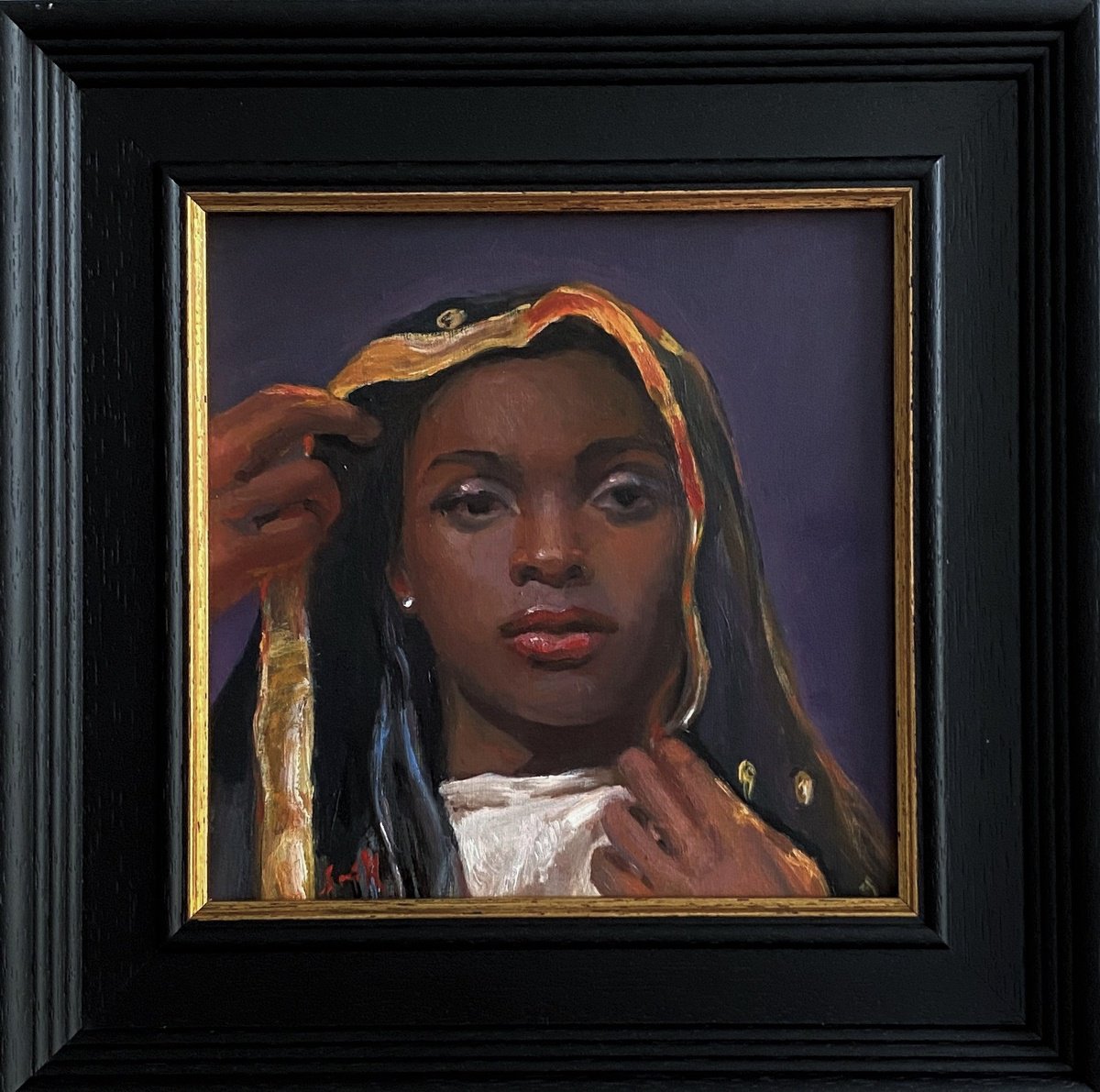 Young Black Woman oil portrait with frame. by Jackie Smith