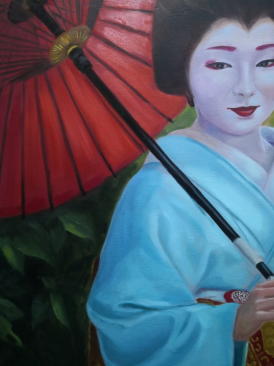 Geisha in kimono with red umbrella, portrait number 10