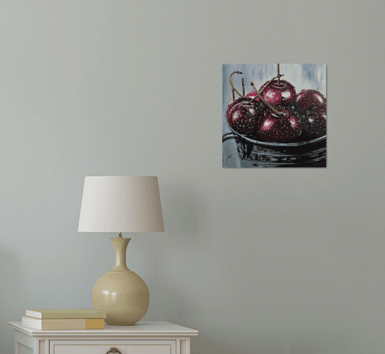 Ripe cherries in a bowl , gift, original oil painting