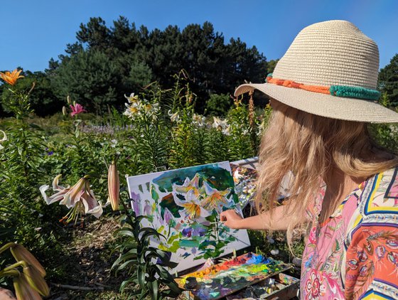 White lilies . Morning garden