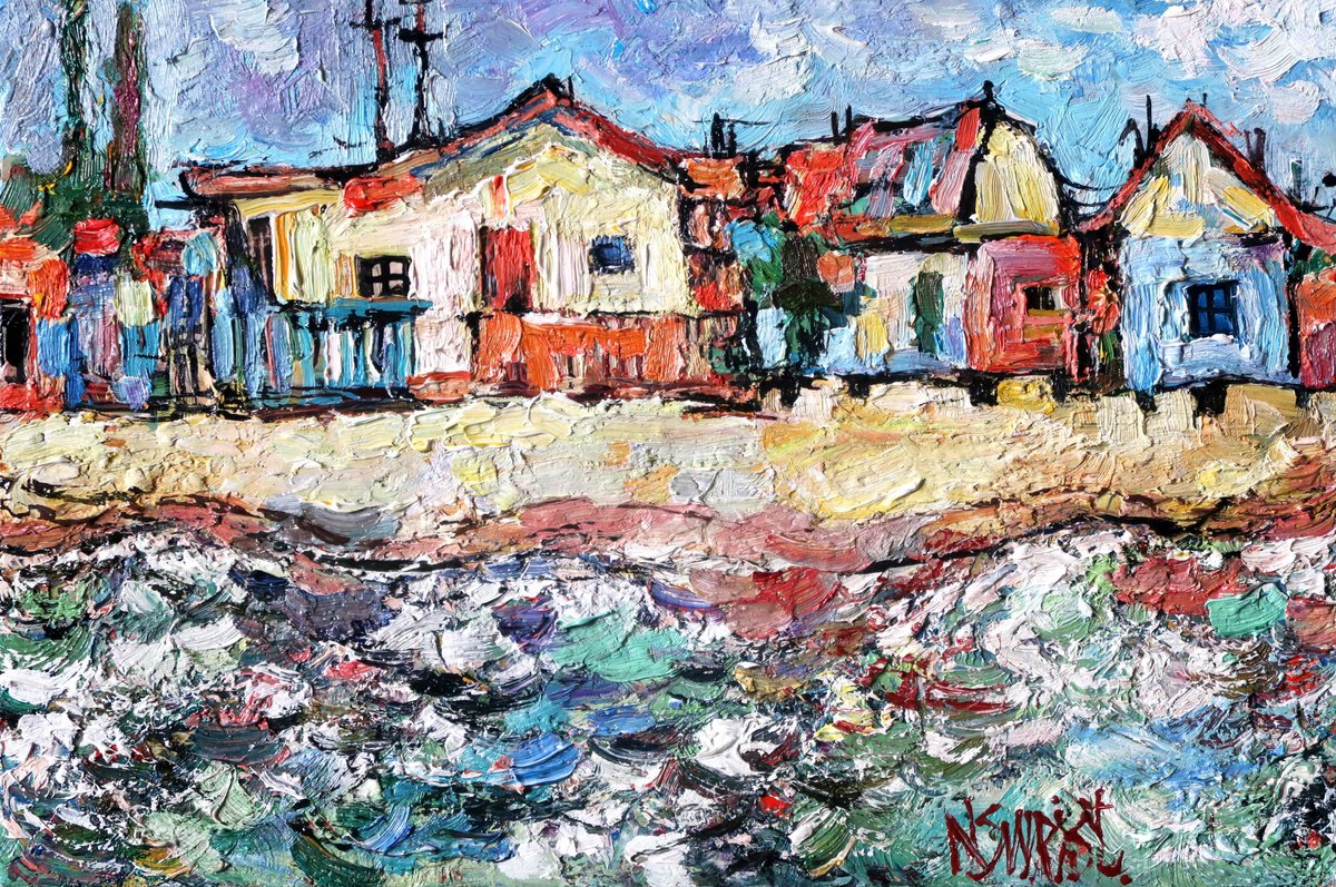 Impressionistic Landscape Oil Painting By Nikifor Swiristuhin, 12 X 8", Morning At The Sea., Original Artwork