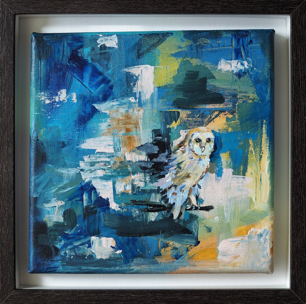 Expressive Animal Acrylic Painting By Delnara El, 10 X 10, Owl On Abstraction Background, Original Artwork