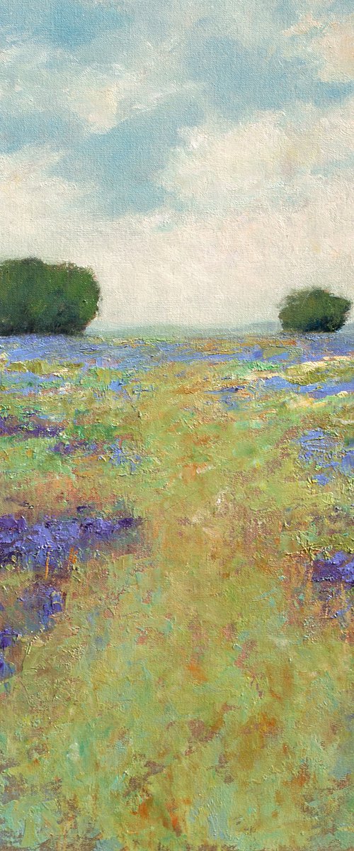 Lavender And Blue Field 220505, flower field impressionist landscape oil painting by Don Bishop