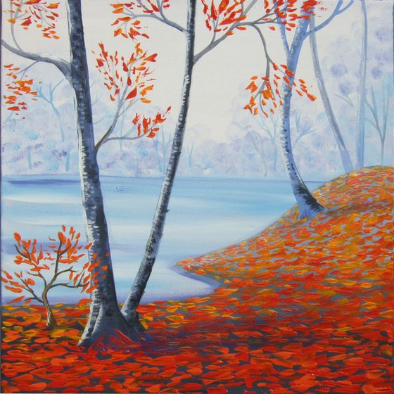 Autumn forest painting landscape blue orange decor original art 40x40x2 cm acrylic stretched canvas wall art