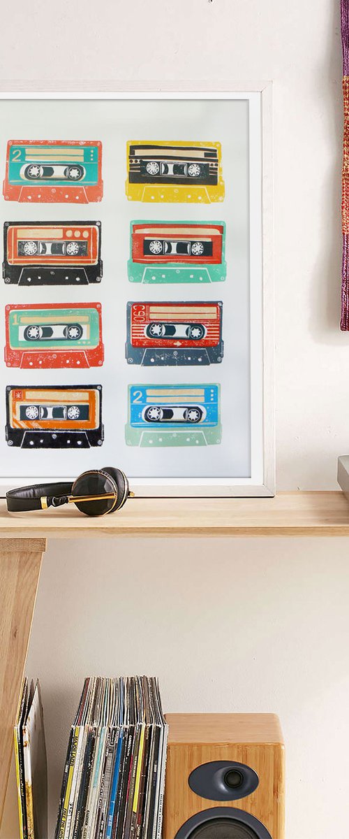 Linocut tapes #20 (cassette tapes, retro music, 70's, 80's rock culture) by Carolynne Coulson