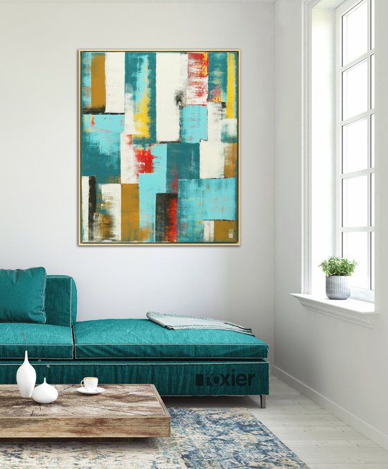 Vertical Abstract Painting - Untitled in Blue - 95x115cm Incl Frame - Ronald Hunter - 20J