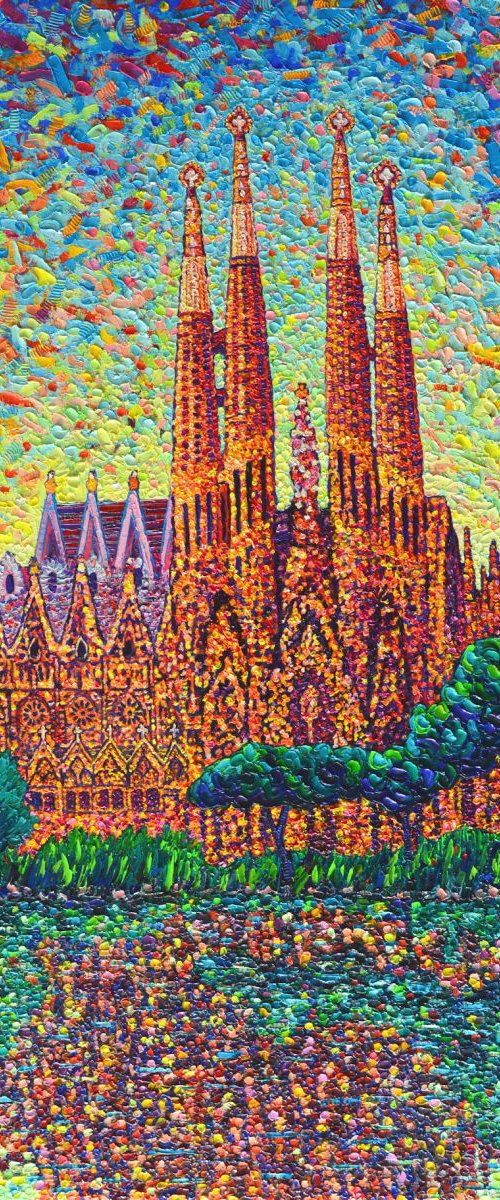 BARCELONA SAGRADA FAMILIA IN DAWN LIGHT - 60x90 cm modern impressionist palette knife oil painting by ANA MARIA EDULESCU