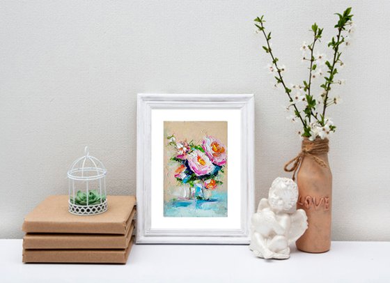 Floral Rose Painting Original Art Small Oil Artwork Flower Wall Art Mini Oil Painting