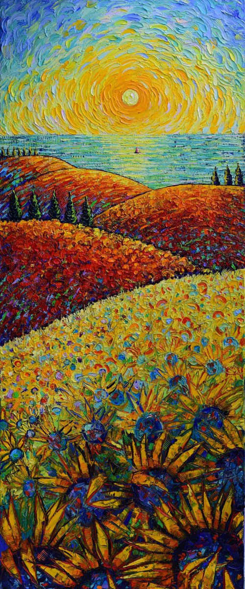 TUSCANY SUNRISE - hills of sunflowers and poppies by the sea impasto palette knife oil painting textured impressionism Ana Maria Edulescu by ANA MARIA EDULESCU