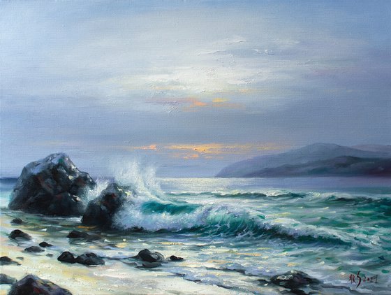 ON THE BEACH by Yaroslav Sobol (Modern Impressionistic Seascape Oil painting Romantic Sea Landscape Water Ocean Beach scene Gift Home Decor Wall art)