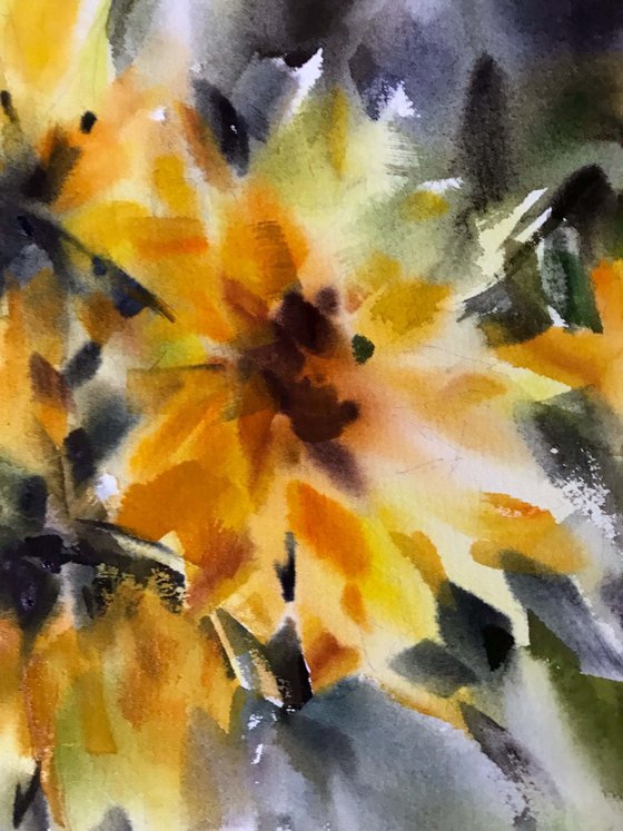 Autumn sunflowers.  one of a kind, original watercolor