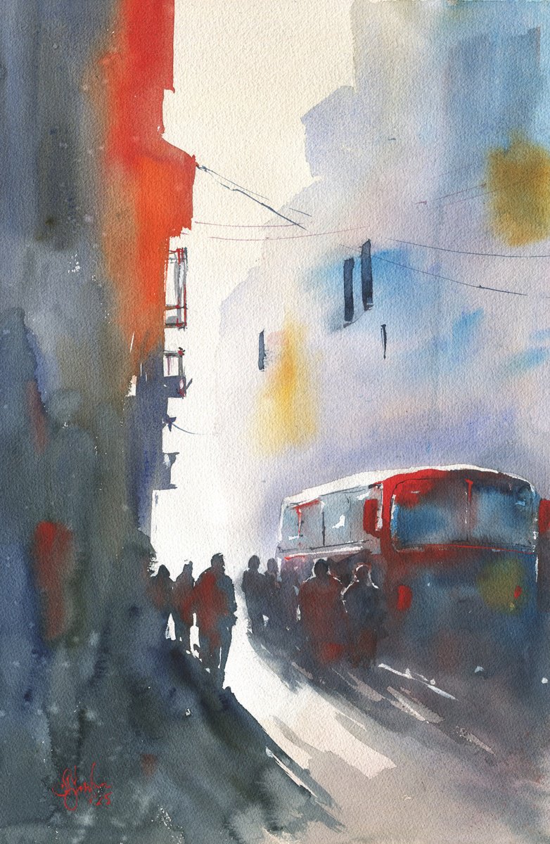 Landscape Watercolour By Oleksii Iakurin, 15 X 22", City Bus In Morning Light, Original Artwork